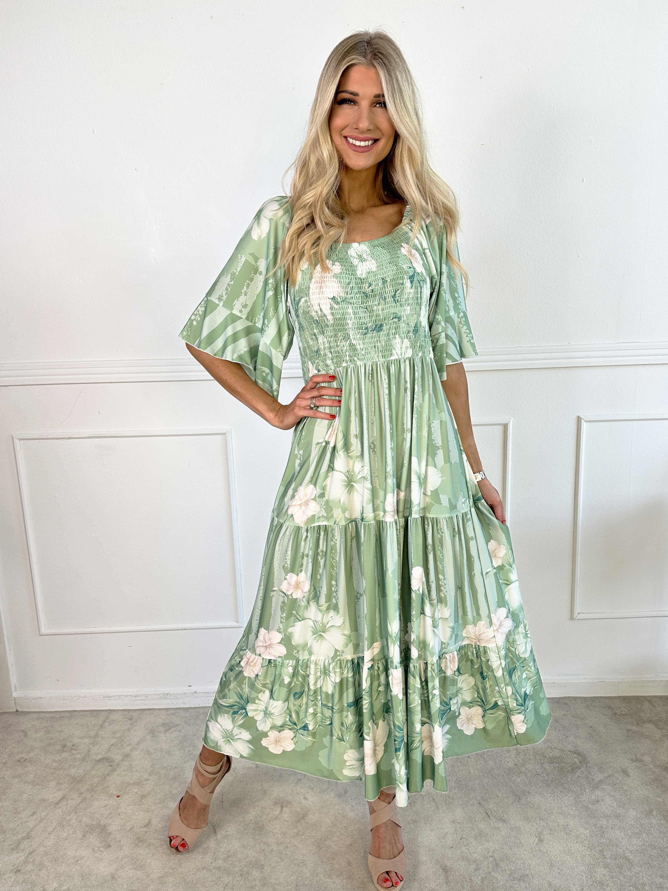 Elna Floral Stripe - Blomstret elastisk kjole med smock over brystet